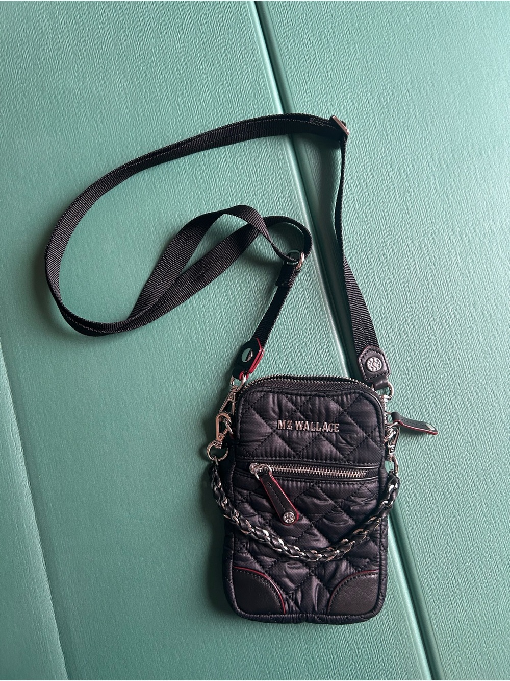 MZ Wallace Black Quilted Crossbody Phone Pouch with Chain Detail